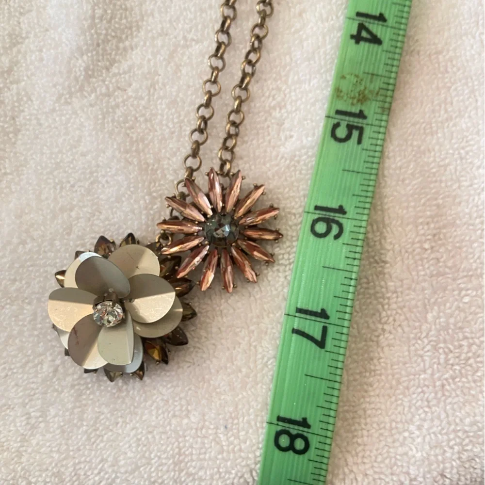 Ann Taylor antique gold chain long necklace double flower pendant blush crystal